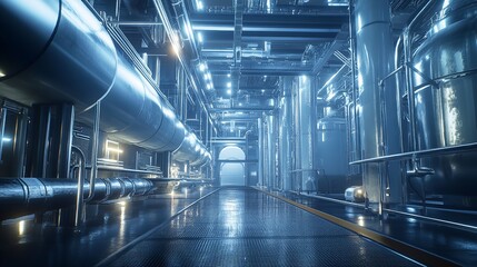 Fototapeta premium A Futuristic Industrial Dreamscape, A Gleaming Metallic Corridor Of Pipes And Tanks Under Cool Blue Light, Reflecting On A Wet Floor