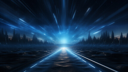 Glowing road into virtual reality or cyberspace, abstract minimal dark background. Future cyber metro railway on black. Abstract high technology lines connect, future High-tech Space.