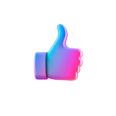 3D glossy thumbs-up icon with bright blue and pink glow, Isolated on a transparent PNG background