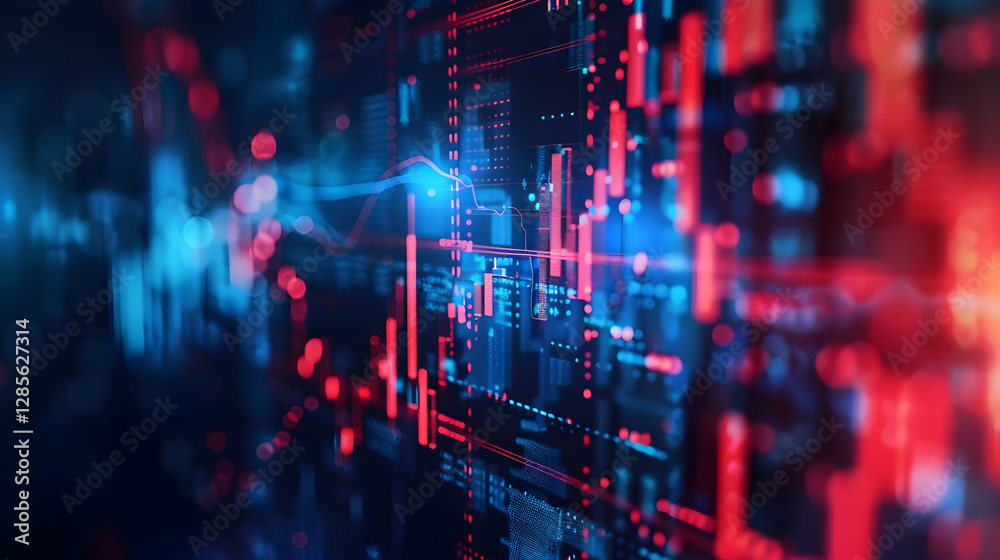 Poster abstract digital data visualization with vibrant blue and red lines representing analytics trends
