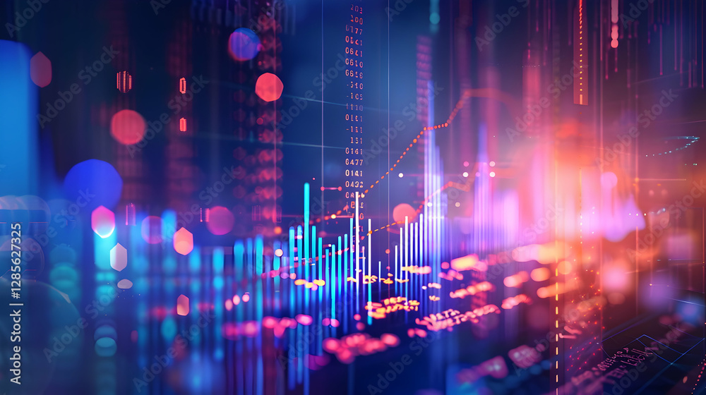 Poster abstract digital background with colorful data visualization and glowing lines representing analytic