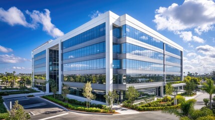 Elegant high-end office building in Orange County, California, showcasing a sleek gray and white exterior with floor-to-ceiling windows on each level, enveloped by lush greenery and a serene blue sky 