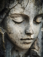Serene Stone Sculpture of Tranquil Woman's Face Against Weathered Background : Generative AI