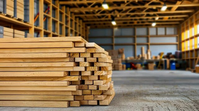A stack of lumber is neatly arranged in a bright warehouse, showcasing a spacious interior with wooden beams and natural light.