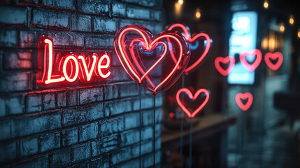 Neon hearts and love sign create romantic atmosphere for Valentine Day