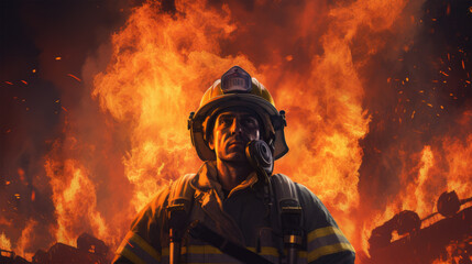 Obraz premium firefighter with forest fire on night