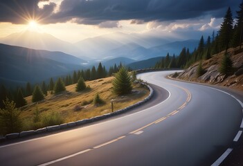 Naklejka premium A winding mountain road through a scenic landscape with pine trees, a dramatic cloudy sky, and sunbeams breaking through