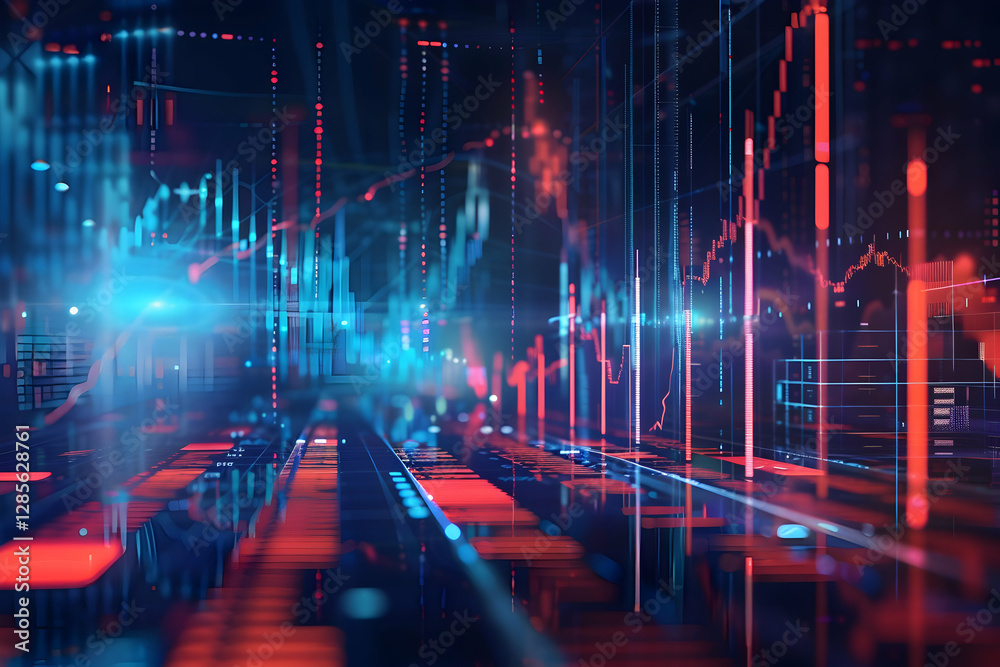 Poster abstract digital financial data visualization with bright charts and graphs in a futuristic setting