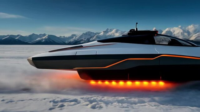A futuristic, sleek hovercraft gliding over a snow-covered landscape
