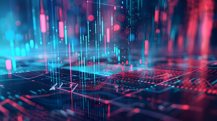 Abstract digital landscape with vibrant blue and red data streams representing technology and innovation