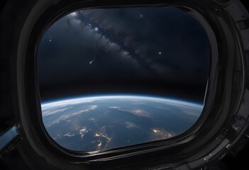 Fototapeta premium A view of the Earth from a spacecraft window, with the planet's atmosphere and curvature visible against the backdrop of a starry night sky