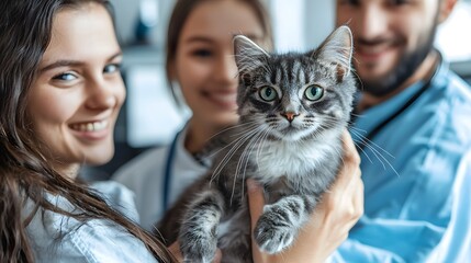 Caring for Pets Veterinarians with a Cat Animal Clinic Indoor Setting Close-up View Compassionate Care