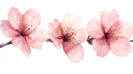 A watercolor illustration of three pink cherry blossoms on a branch.