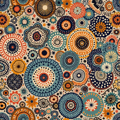 a variety of colorful flowers and circular designs in shades of orange, blue, green, and white, creating a visually striking and intricate design.