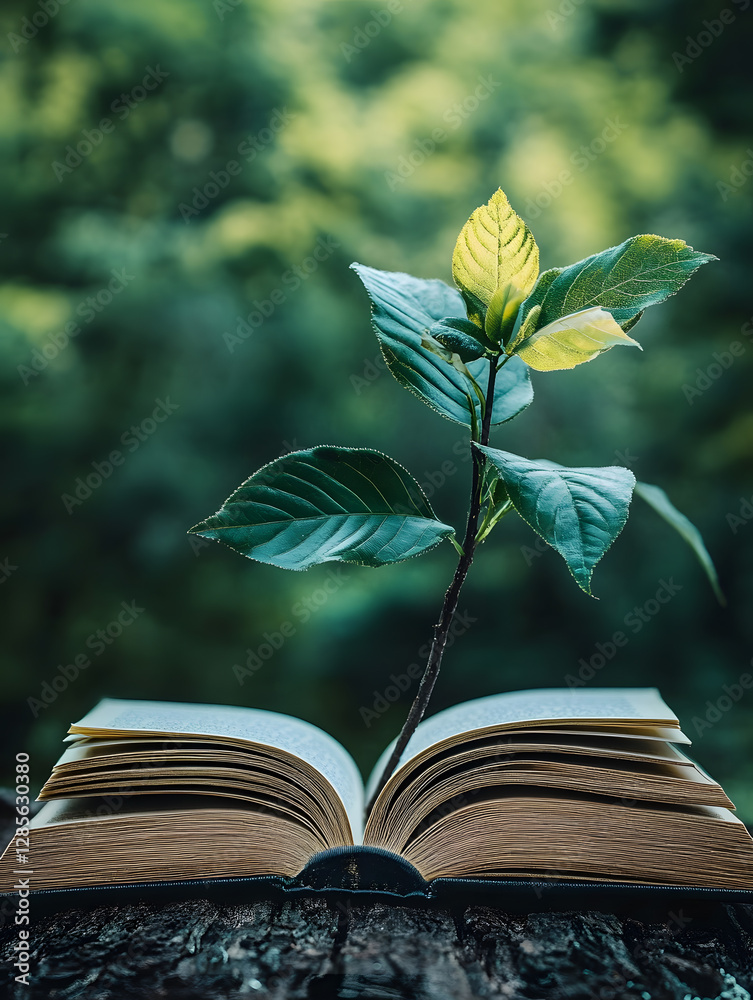Aufkleber Growing Leaf Emerging from Open Book in Nature Setting with Lush Background : Generative AI