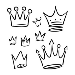 Creative collection of doodle crowns, symbols of kings and queens