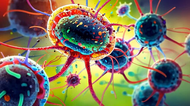 Animated Microscopic View of Infectious Virus Cells and Bacteria Spreading Rapidly Under Microscope Detailed Colorful Structure