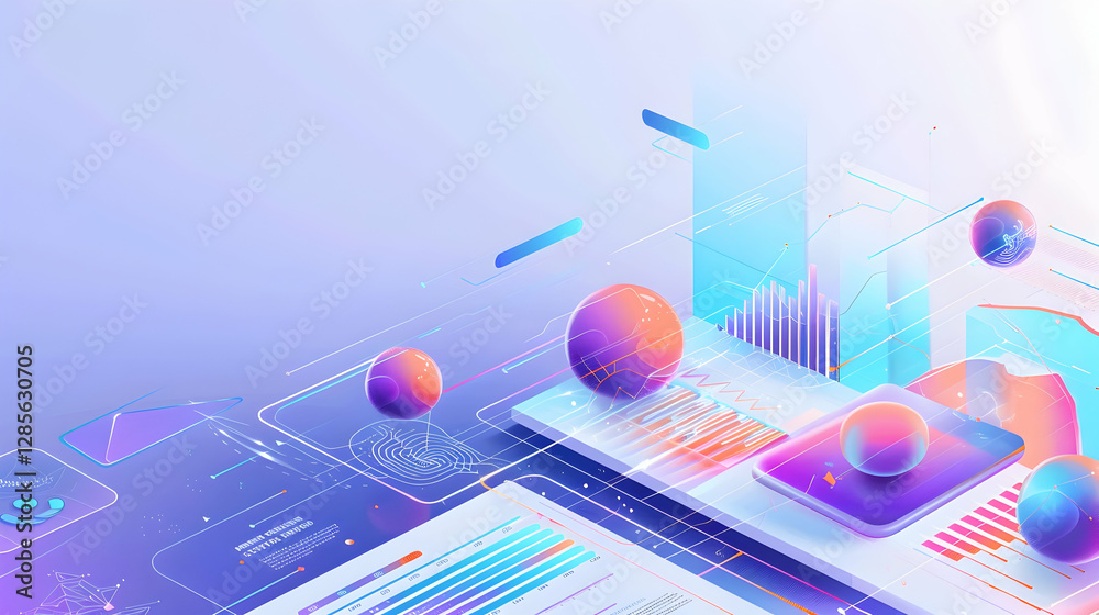 Poster abstract digital interface with colorful spheres and graphs illustrating data analytics trends