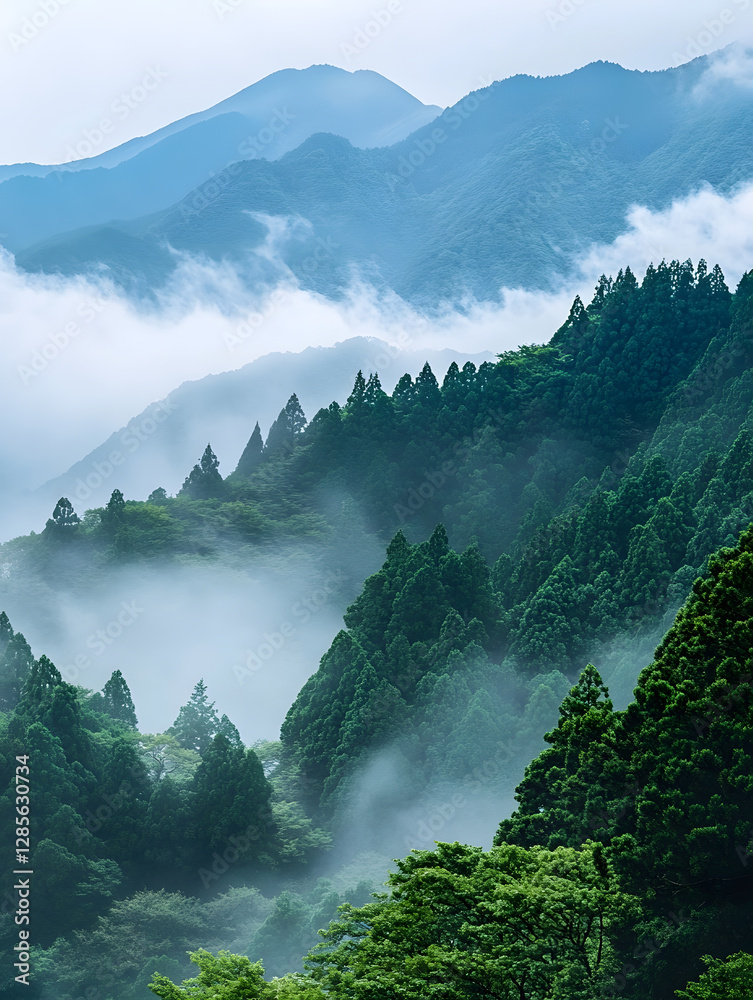 Aufkleber majestic mountain range with lush green forests and misty clouds in serene landscape : generative ai
