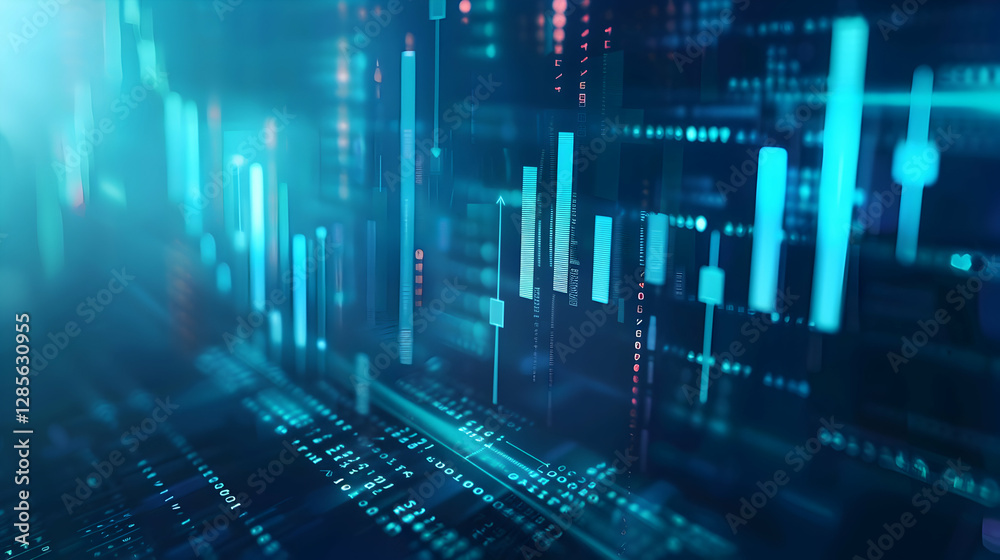 Poster abstract representation of digital data flow with glowing lines and bars in a futuristic setting