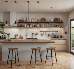 Contemporary kitchen with open shelving and hanging pendant lights, interior, functional, pendant lights