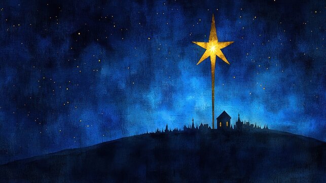 Nativity Scene Sparkle Star of Bethlehem Night Sky Watercolor Illustration
