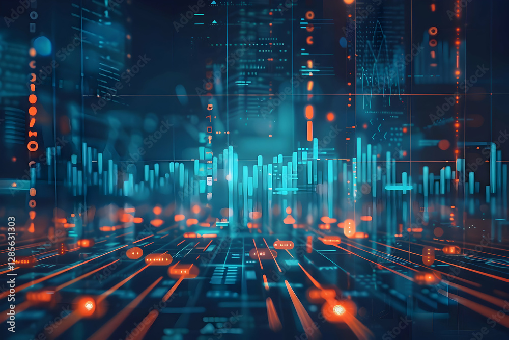 Poster abstract digital landscape with glowing data visualizations and analytics in a futuristic setting