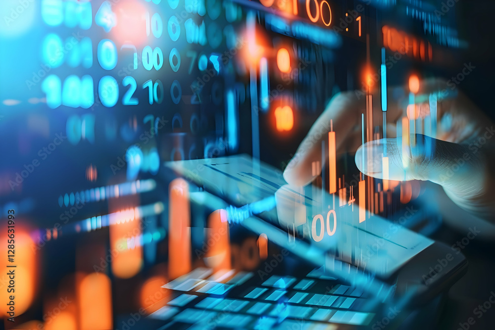 Poster abstract representation of financial data analysis with digital graphs and a hand using a calculator