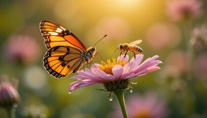 Naklejka premium Butterfly and a Bee in a Morning Garden