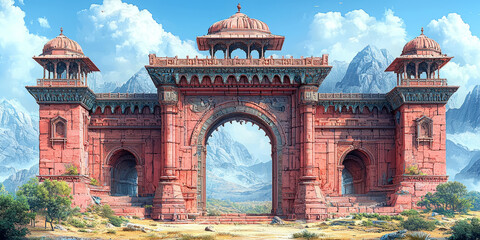 ancient Eastern city gate with carved stone detailed and ornate arches