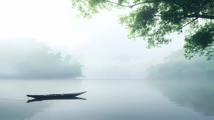 Lonely Canoe on a Misty Lake at Dawn, Serene and Dreamlike Nature Scene

