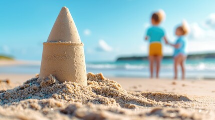 Children building sandcastle on beach at sunny day