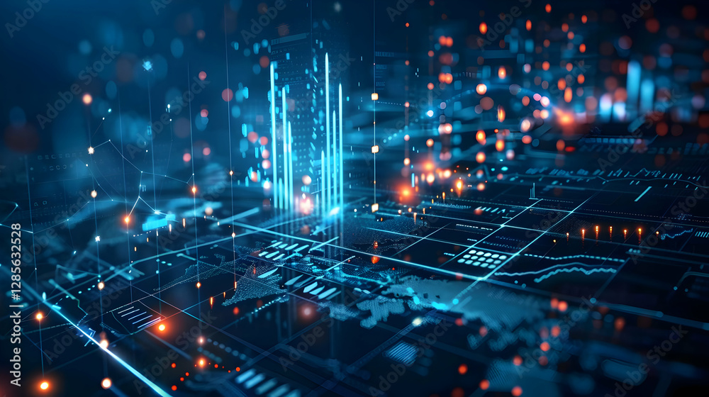Poster abstract digital landscape with glowing data points and grid lines representing technology