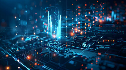 Obraz premium Abstract digital landscape with glowing data points and grid lines representing technology