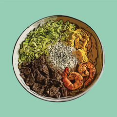 Adobe Illustrator Artwork Vector illustration of rice bowl, omelet, Stir fry vegetables, fried shrimp