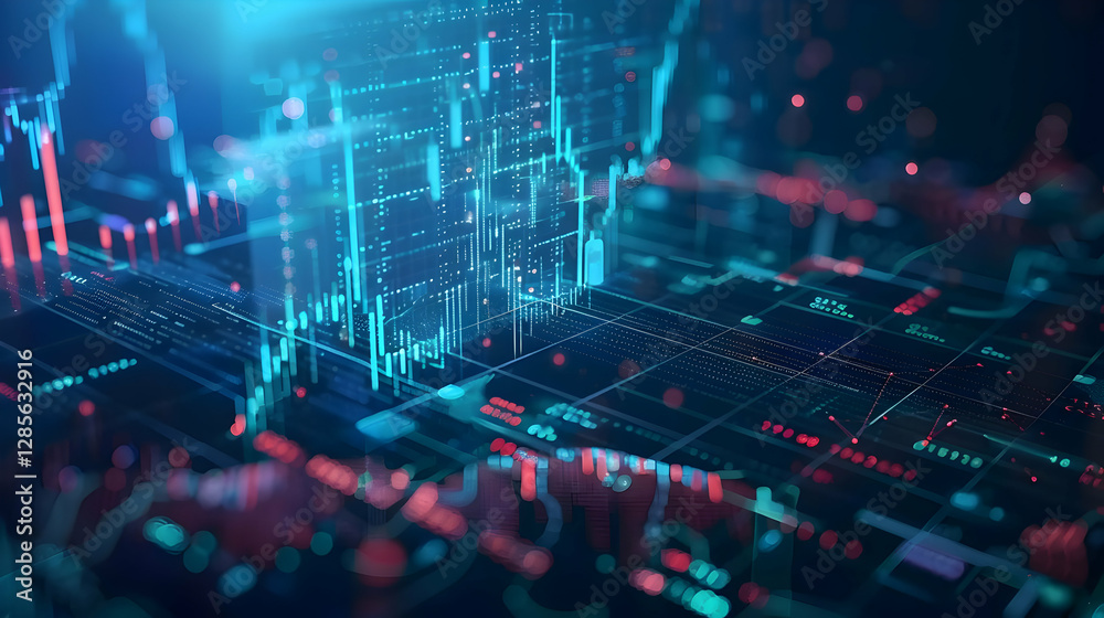 Poster abstract digital financial data visualization with graphs and numbers on a dark background