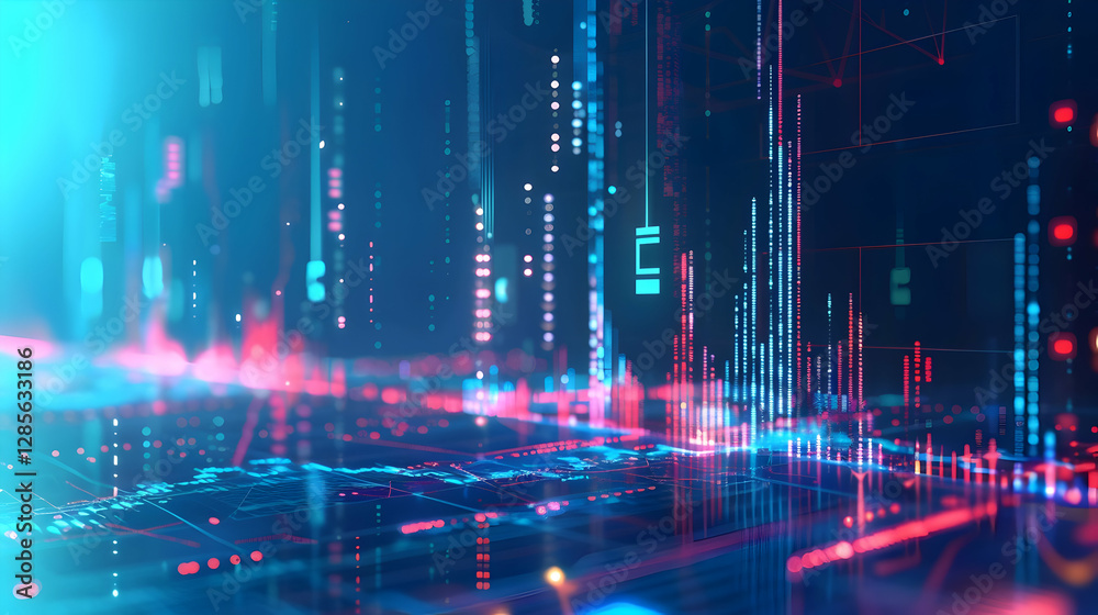 Poster abstract digital landscape with glowing data streams and visualizations in a futuristic setting