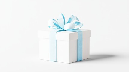 Obraz premium White box with blue ribbons and bow. Blue wrapping decoration on transparent background. Gift box decoration. Realistic 3d vector illustration.
