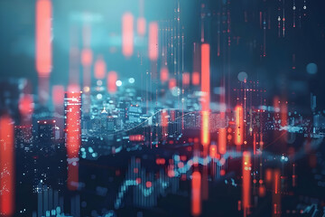 Obraz premium Abstract representation of financial data trends over a city skyline at night with glowing lights