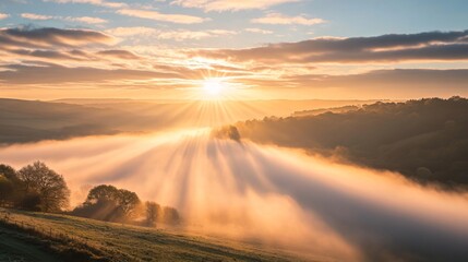 Golden rays of sunlight pierce through misty valleys at dawn. Nature awakens as the day begins. A breathtaking view of serenity and tranquility. Generative AI