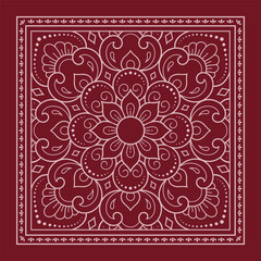 Circular pattern in form of mandala with flower for Henna, Mehndi, decoration. Red decorative ornament in ethnic oriental style for a bandana. Outline doodle hand draw vector illustration.