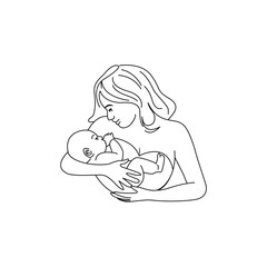 An illustration of a mother nursing her child in black and white     With her chin up, the mother holds the newborn tightly and is at ease around him.