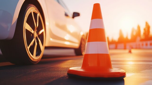White Car Near Orange Traffic Cone At Sunset