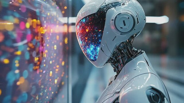 Future Glimpse: A sophisticated robot gazes upon a vibrant display of futuristic technology, hinting at the boundless possibilities of tomorrow. 