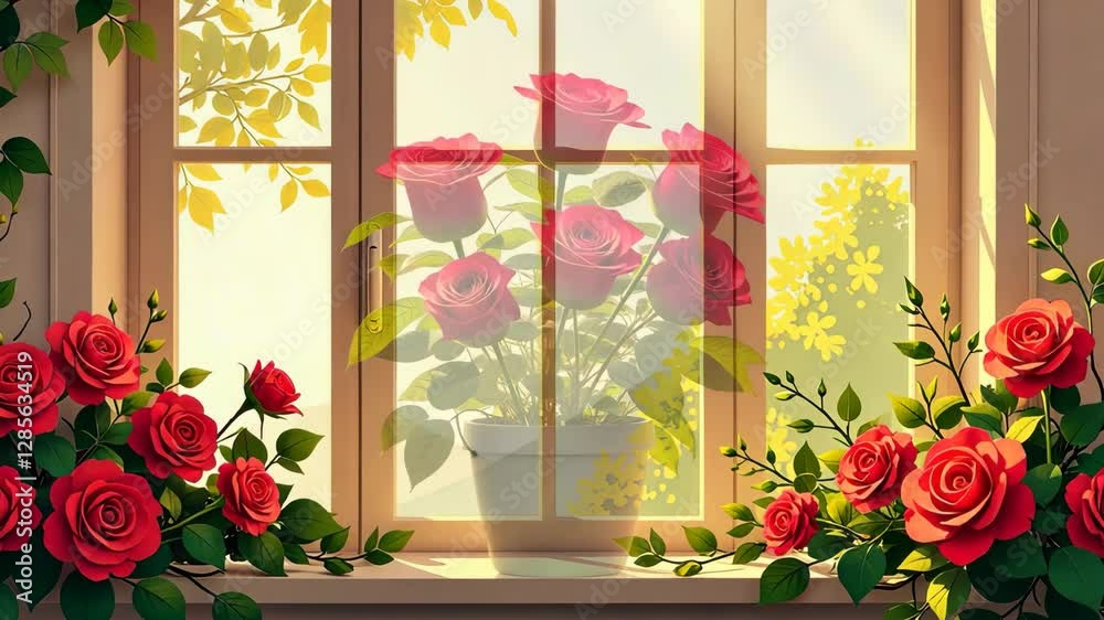 Poster The roses are in a vase and are placed on the window sill