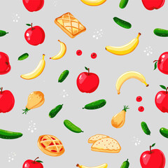 a variety of fruits and baked goods, including apples, bananas, pears, plums, and pastries, arranged in a grid-like fashion against a light gray background.