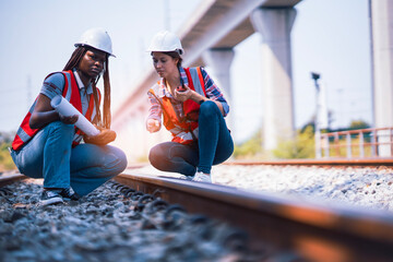 Black and White female Rail transportation engineers in safety vest and hardhat check the ...