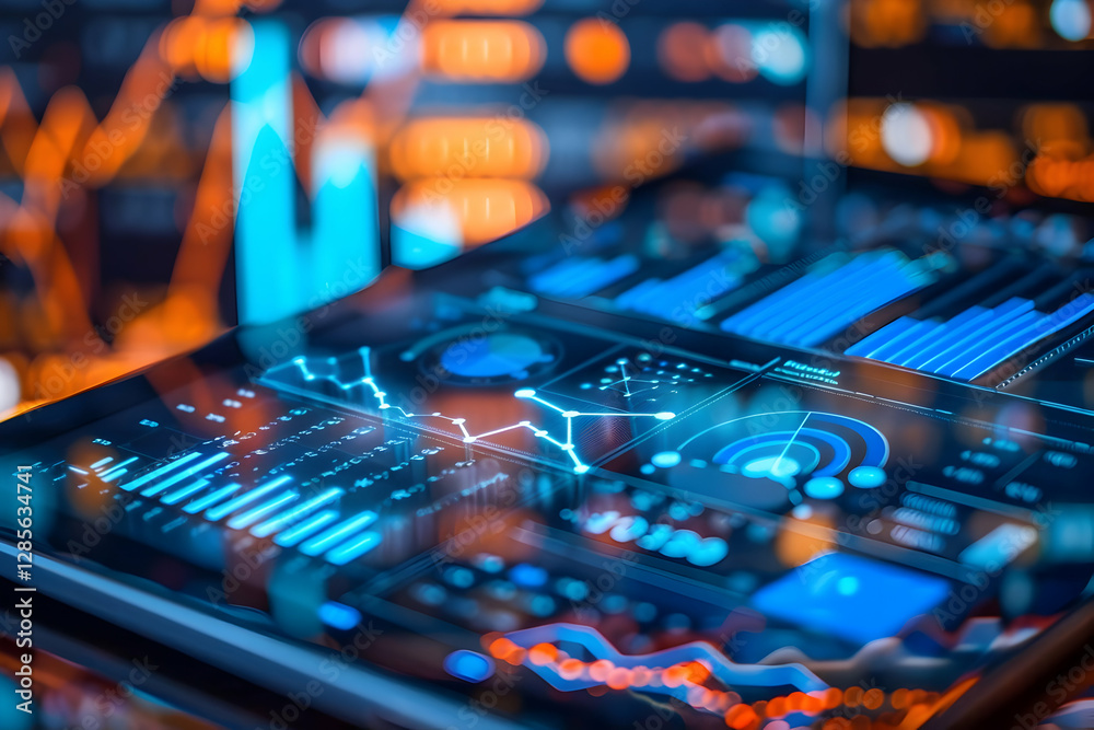 Poster futuristic data analytics dashboard displaying vibrant graphs and charts with dynamic trends