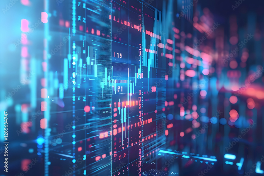 Poster abstract digital data visualization with colorful graphs and glowing elements in a tech environment 