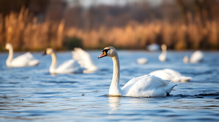 Serene swans gracefully gliding across tranquil lake at golden sunset : Generative AI